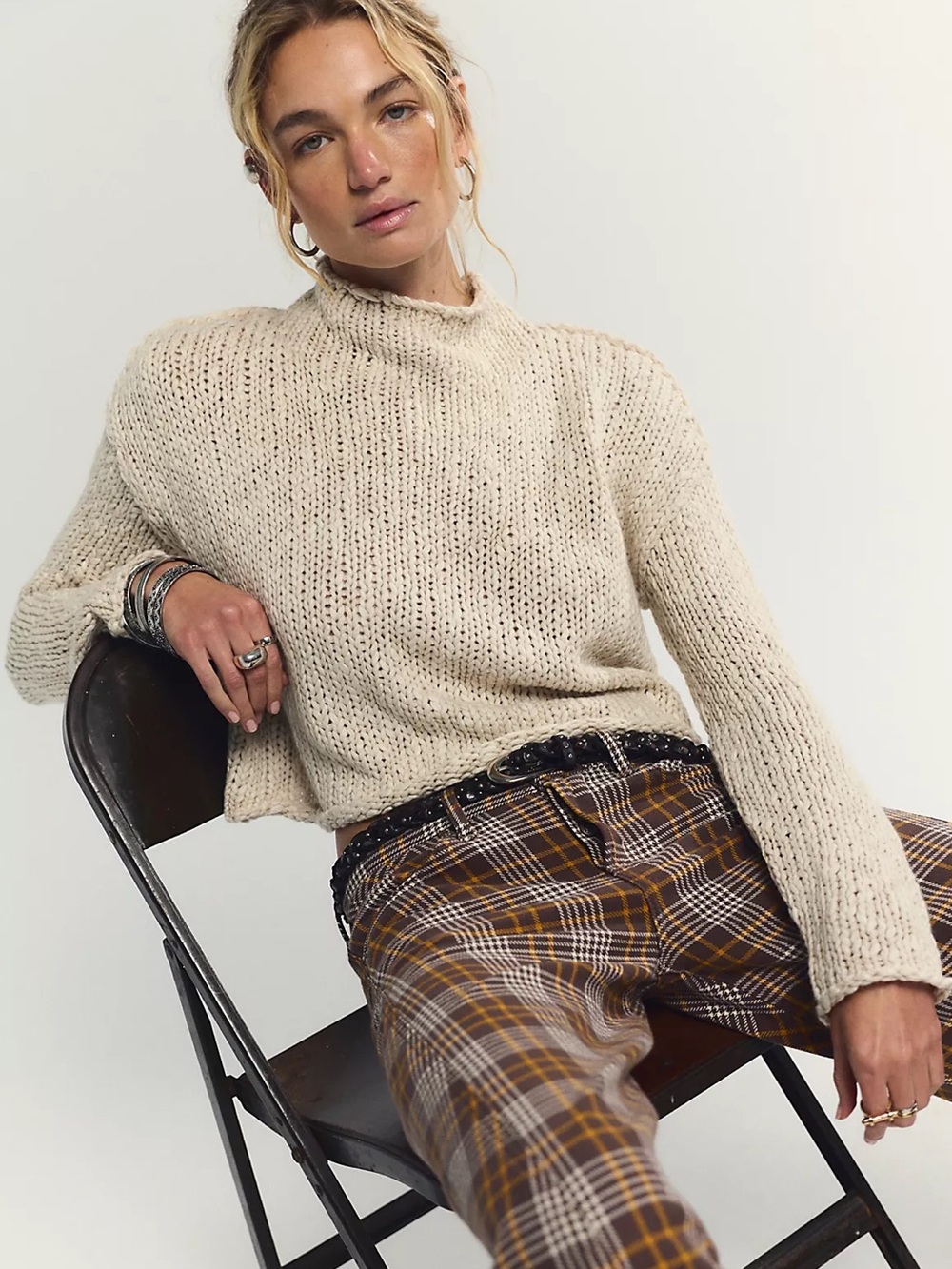 Free People Opal Rollneck Knit Sweater Tea Beige Fisherman Knit Cotton Blend XS